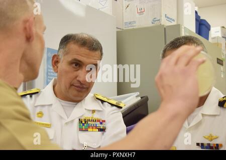 Die Peruanische Marine Surgeon General, RADM Julio C. Cacho-Moran und Peruanische Marine Personal aus dem "Richtung de Salud Naval", sowie Kapitän Guillermo Pimentel, kommandierender Offizier, U.S. Naval Medical Research Unit Nr. 6 - Peru (NAMRU-6), besuchte die Naval Medical Research Center (NMRC) für eine Tour von Forschungseinrichtungen und ein Meet-and-Greet mit Kapitän Adam Armstrong, kommandierender Offizier, NMRC, Juni 16. Stockfoto