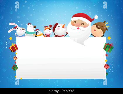 Schneemann Santa Claus und tierischen cartoon Lächeln und Springen mit Glück über fallenden Schnee im winter nacht Hintergrund Vector Illustration Stock Vektor