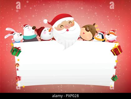 Schneemann Santa Claus und tierischen cartoon Lächeln und Springen mit Glück über fallenden Schnee im winter nacht Hintergrund Vector Illustration Stock Vektor