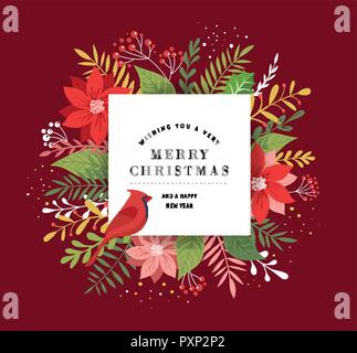 Frohe Weihnachten Grußkarte, Banner und Hintergrund im eleganten, modernen und klassischen Stil mit Blättern, Blüten und Vogel Stock Vektor