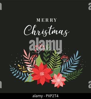 Frohe Weihnachten Grußkarte, Banner und Hintergrund im eleganten, modernen und klassischen Stil mit Blättern, Blüten und Vogel Stock Vektor