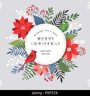 Frohe Weihnachten Grußkarte, Banner und Hintergrund im eleganten, modernen und klassischen Stil mit Blättern, Blüten und Vogel Stock Vektor
