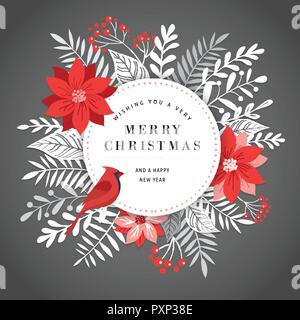 Frohe Weihnachten Grußkarte, Banner und Hintergrund im eleganten, modernen und klassischen Stil mit Blättern, Blüten und Vogel Stock Vektor