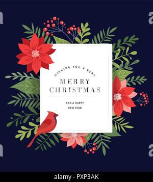 Frohe Weihnachten Grußkarte, Banner und Hintergrund im eleganten, modernen und klassischen Stil mit Blättern, Blüten und Vogel Stock Vektor