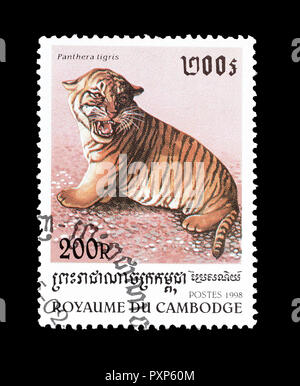 Storniert Briefmarke von Kambodscha gedruckt, zeigt, dass Tiger, ca. 1998. Stockfoto