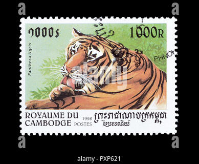 Storniert Briefmarke von Kambodscha gedruckt, zeigt, dass Tiger, ca. 1998. Stockfoto