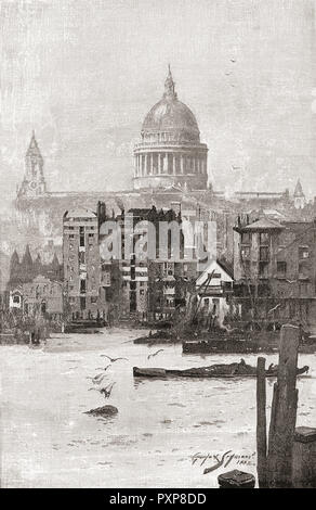 St. Paul's Cathedral, London, England, von der Themse im 19. Jahrhundert. Von London Bilder, veröffentlicht 1890. Stockfoto