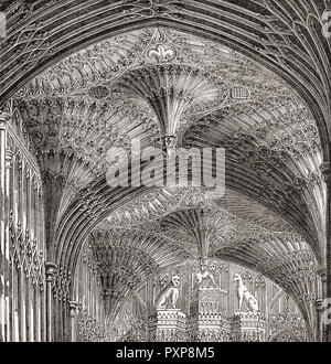 Detail der Anhänger Ventilator Gewölbe Decke in der Kapelle von Heinrich VII., Westminster Abbey, Westminster, London, England. Von London Bilder, veröffentlicht 1890. Stockfoto