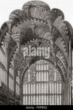 Detail der Anhänger Ventilator Gewölbe Decke in der Kapelle von Heinrich VII., Westminster Abbey, Westminster, London, England. Von London Bilder, veröffentlicht 1890. Stockfoto