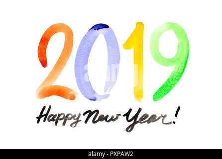 Frohes Neues Jahr 2019 - Handschriftliche aquarell Schriftzug Stockfoto