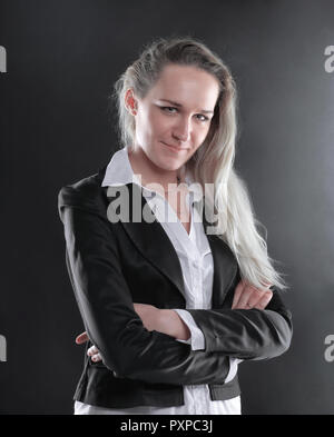 Nachdenklich Geschäftsfrau. auf schwarzem Hintergrund Stockfoto