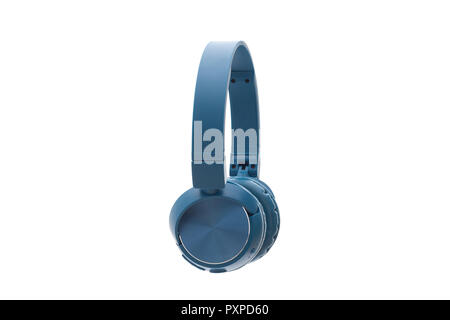Bluetooth Kopfhörer Blau auf weißem Hintergrund Studio Pack shot Ausrüstung Stockfoto