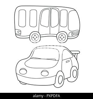 Kontur schwarz und weiß Karikatur von Bus und Auto. Malbuch für Kinder Stock Vektor