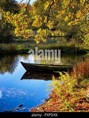 Holz Boot ist die Landung in der Nähe der Ufer des Teiches. Üppigen Laub sind im ruhigen Wasser Oberfläche reflektiert. Stockfoto