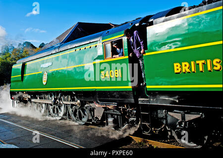 Tyrannisiert Pacific, die Schlacht um England Klasse Nr. 34081 92 Squadron, Grosmont, North Yorkshire Moors Railway, England Stockfoto