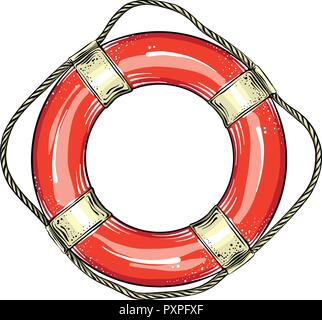 Hand gezeichnete Skizze der Rettungsring in roter und weißer Farbe auf weißem Hintergrund. Detaillierte Vintage Style Zeichnung. Vector Illustration Stock Vektor