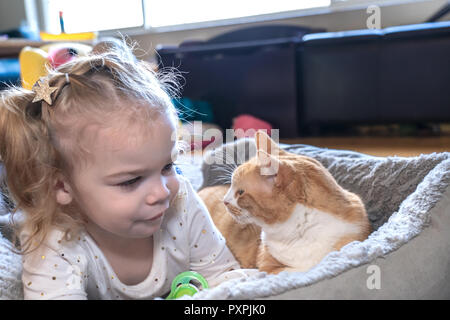 Fast 2 Jahre alten Mädchen in einem starren Wettbewerb mit ihrer Katze 'Kita' starrten einander an, saß eine Katze Bett. Stockfoto