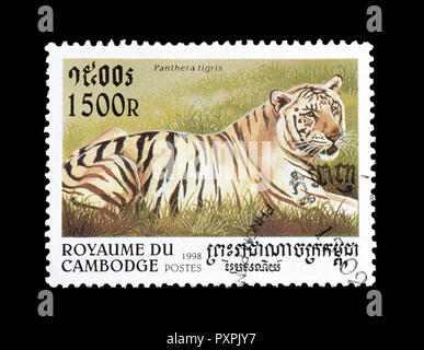 Storniert Briefmarke von Kambodscha gedruckt, zeigt, dass Tiger, ca. 1998. Stockfoto