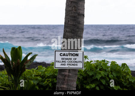 Warnschild an Palm Tree am schwarzen Sandstrand in Hawaii. Grüne Pflanzen und Ocean Surf im Hintergrund. Stockfoto