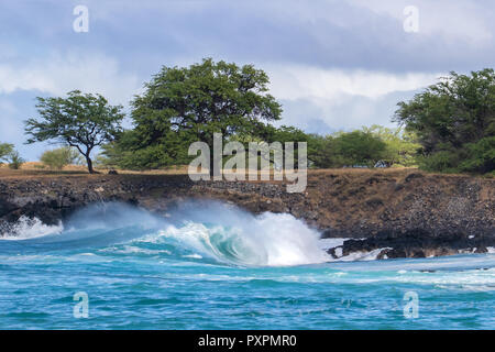 Eisstockschießen wave erklimmen und nachgestellte Sea Spray, das sich in der Nähe der Küste des Kona Coast auf Hawaii Big Island bricht. Bäume und Wolken im Hintergrund. Stockfoto