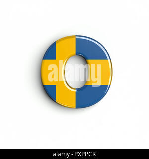 Schweden Flagge Buchstabe O - Kleine 3d-schwedische Schrift auf weißem Hintergrund. Dieses Alphabet ist perfekt für kreative Illustrationen beziehen, aber nicht begrenzt Stockfoto