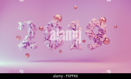 Frohes Neues Jahr Banner mit 2019 trendy pink Farbe Zahlen durch zerbrochene Risse im Stein auf Studie Hintergrund mit fliegenden goldenen Kugeln. abstrakten 3d Stockfoto