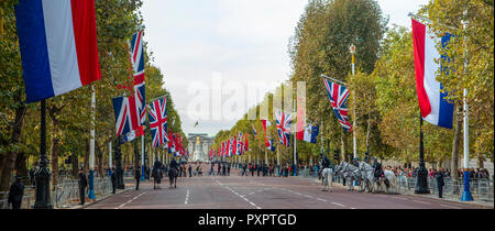 Mehrere niederländische und Union Fahnen schmücken die Mall für den Staatsbesuch des Königs und der Königin von Holland nach Großbritannien Stockfoto