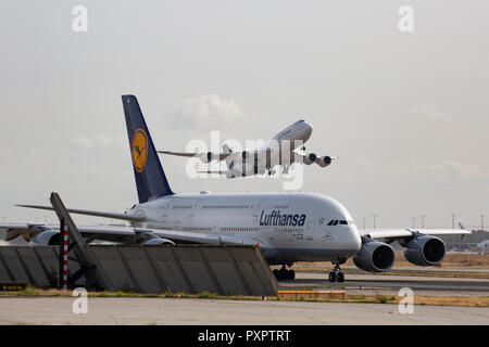 Airbus A380-800 'Düsseldorf' Lufthansa am Flughafen Frankfurt am Main (FRA), 23.09.2018 Stockfoto