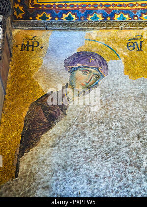 Detail der Deesis Mosaik, eine byzantinische Mosaik in der oberen südlichen Galerie der Hagia Sophia Moschee entfernt. Istanbul, Türkei. Stockfoto