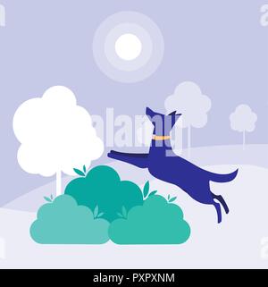 Hund und Bush über lila Hintergrund, Vector Illustration Stock Vektor