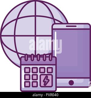 Handys mit globale Sphäre und Kalender auf weißem Hintergrund, Vector Illustration Stock Vektor