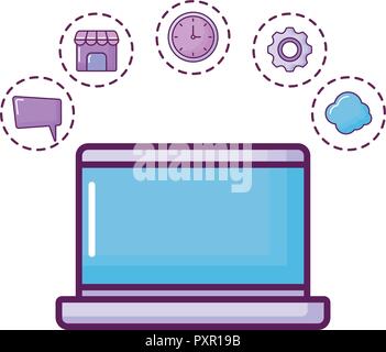 Laptop Computer und Digitale Marketing ähnliche Symbole auf weißem Hintergrund, Vector Illustration Stock Vektor