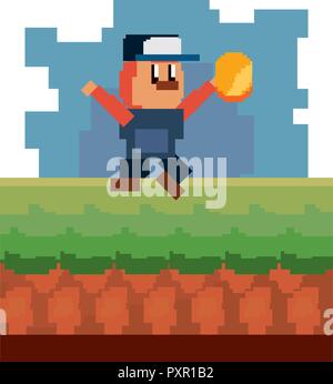 Charakter holding Münze Landschaft video spiel Vector Illustration Stock Vektor