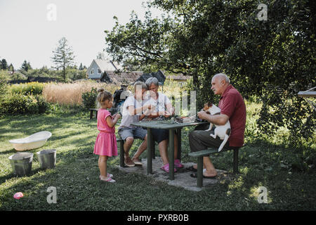 Großeltern verbringen Zeit zusammen mit Enkel und Enkelin im Garten Stockfoto