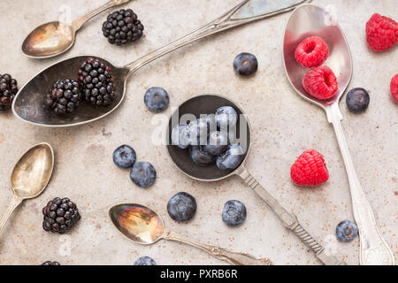 Früchte auf verschiedene Löffel Stockfoto
