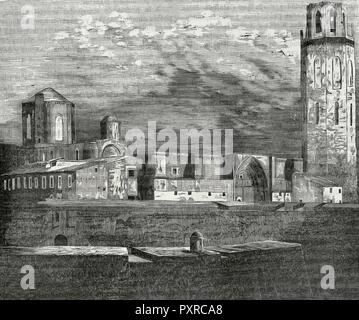 España. Cataluña. Lleida (Lérida). Vista de la Catedral de La Seu Vella, 1203-1278. Grabado. Crónica de España, Historia y Ilustrada Descriptiva de Sus Provincias. Cataluña, 1866. Biblioteca Histórico Militar de Barcelona. Catalunya, España. Stockfoto