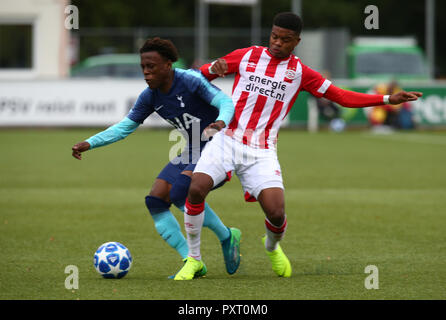 Eindhoven, Niederlande. 24. Oktober. 2018 Tariq Hinds von Tottenham Hotspur und Nigel Thomas von PSV Eindhoven während UAFA Youth League Gruppe B Übereinstimmung zwischen PSV Eindhoven und Tottenham Hotspur am Training komplexer De Herdgang, Eindhoven, Niederlande Am 24. Okt 2018. Kredit Aktion Foto Sport Foto Credit: Action Sport / alamy Leben Nachrichten Stockfoto