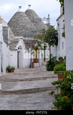 Gruppe von einzigartigen runden Trulli mit kegelförmige Dächer auf der Straße mit Stufen in Alberobello im Itria-tal, in Apulien, Süditalien. Stockfoto