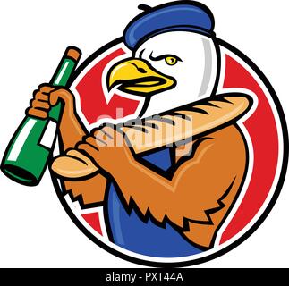 Maskottchen Symbol Abbildung: Büste von einem Weißkopfseeadler Tragen eines französischen Baskenmütze Holding ein Baguette und eine Flasche Wein Set innerhalb des Kreises auf isolierte Stock Vektor