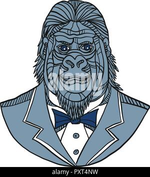 Mono line Abbildung: Büste von einem Gorilla oder Ape tragen Tuxedo Jacket Jacke und Krawatte Anzug von vorne in Farbe Monoline-versicherer Stil gesehen. Stock Vektor