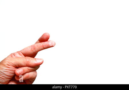 Closeup Bild von die Finger gekreuzt auf weißem Hintergrund Stockfoto