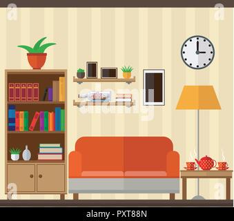 Der Innenraum des Wohnzimmer mit einem Computer, Tisch, Sofa und Gitarre. Set Vector Illustration. Stock Vektor