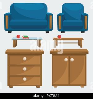 Möbel Set: Sofa, Sessel, Glastisch, Holztisch und Nachttischen. Vector Illustration auf das Thema der inneren. Stock Vektor