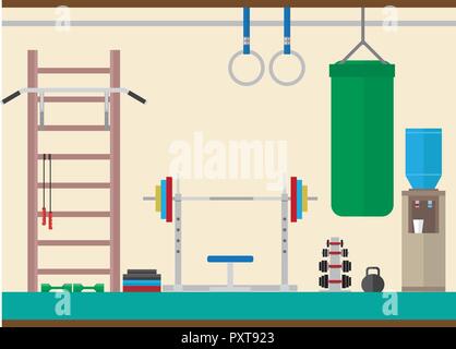 Fitnessraum mit Geräten und Simulatoren. Set Vector Illustration. Stock Vektor