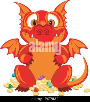Der rote Drache das Gold. Witzig und lustig Charakter, Vector Illustration. Stock Vektor
