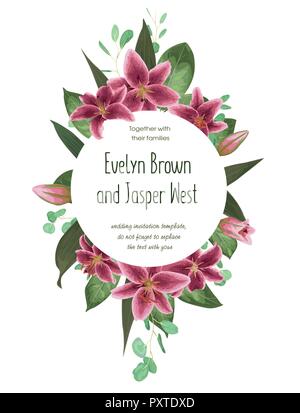 Hochzeit Blumen Einladung, Karte laden. Vektor aquarell Stil Kräuter, Eukalyptus, Ausschreibung, Burgund, rosa Lilly, natürlichen, botanischen Grün dekorative Ro Stock Vektor