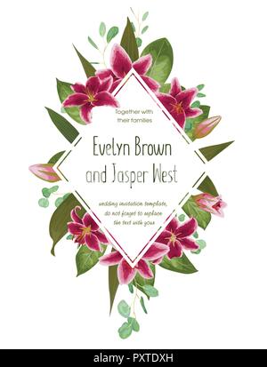 Hochzeit Blumen Einladung, Karte laden. Vektor aquarell Stil Kräuter, Eukalyptus, sanft Burgund, rosa Lilly, Waldrebe natürlichen, botanischen Grün Dez Stock Vektor