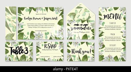 Vorlage festlegen Hochzeit einladen, Einladung, Menü, Rsvp, danke Karte, Tisch, Vektor Blumen Grün design. Aquarell stil Kräuter, Eukalyptus, weiß li Stock Vektor