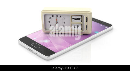 Wake up Textnachricht auf Retro Vintage Wecker auf dem Smartphone, vor weißem Hintergrund, isoliert. 3D-Darstellung. Stockfoto