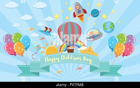 Happy Children's Day Poster mit Kinder und Spielzeug Abbildung Stock Vektor